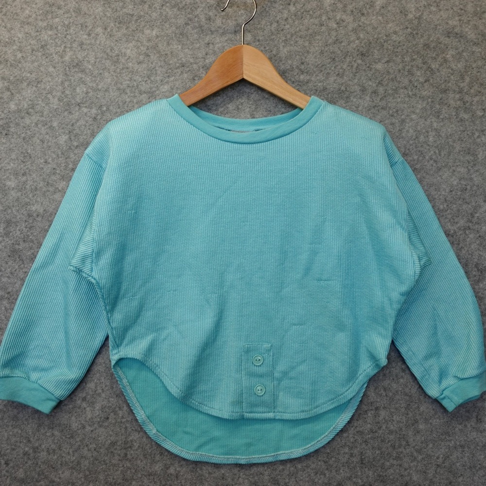 Vintage Waffle Knit Shirt Girls 12 Teal Blue Iridescent Shoulder Pad 80s SEARS